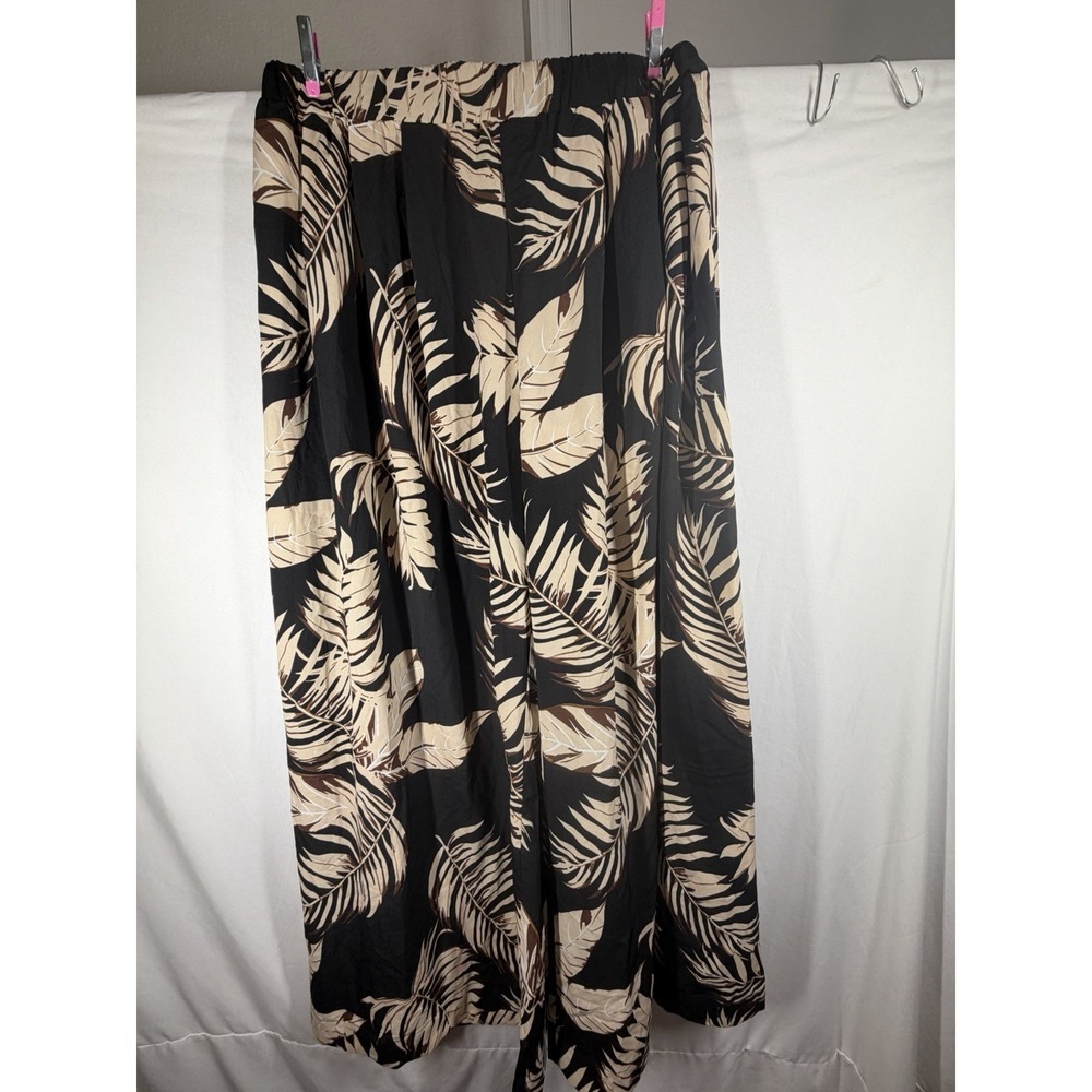 SHEIN Tropical Leaf Print Wide Leg Pants XL Black Beige Boho Summer High Waist